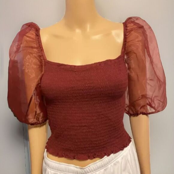 Y2K Cropped Top Square Neck Puff Sleeve Boho Fairy Grunge Vampire Coquette Sz L - Picture 1 of 8